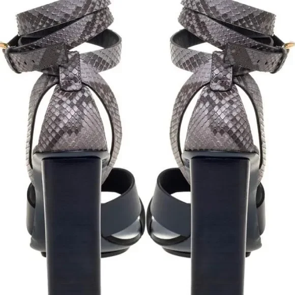 Gucci Blue/Grey Python and Leather Crisscross Ankle Strap Sandals Size 38